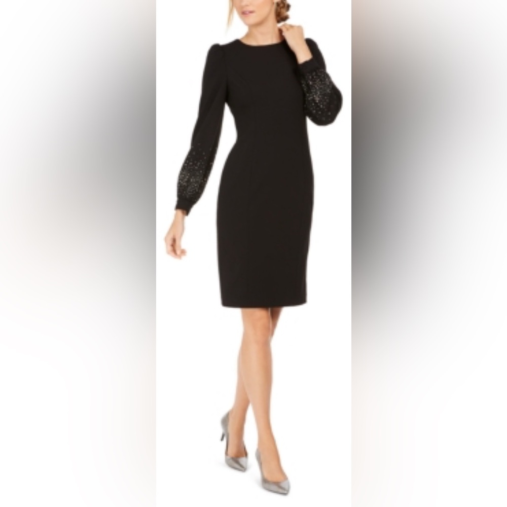 Calvin Klein Size 2 Silver Bling Puff Sleeve Sheath Dress